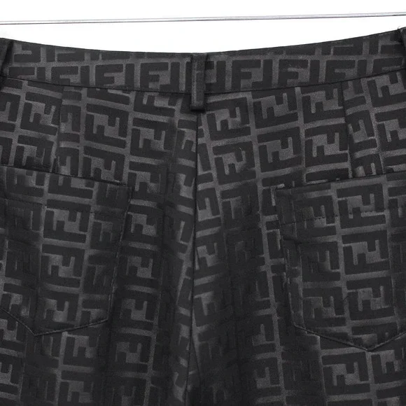 FENDI Black Zucca Logo Trouser Pants M Vintage FF Polyester Ankle Straight Jeans
